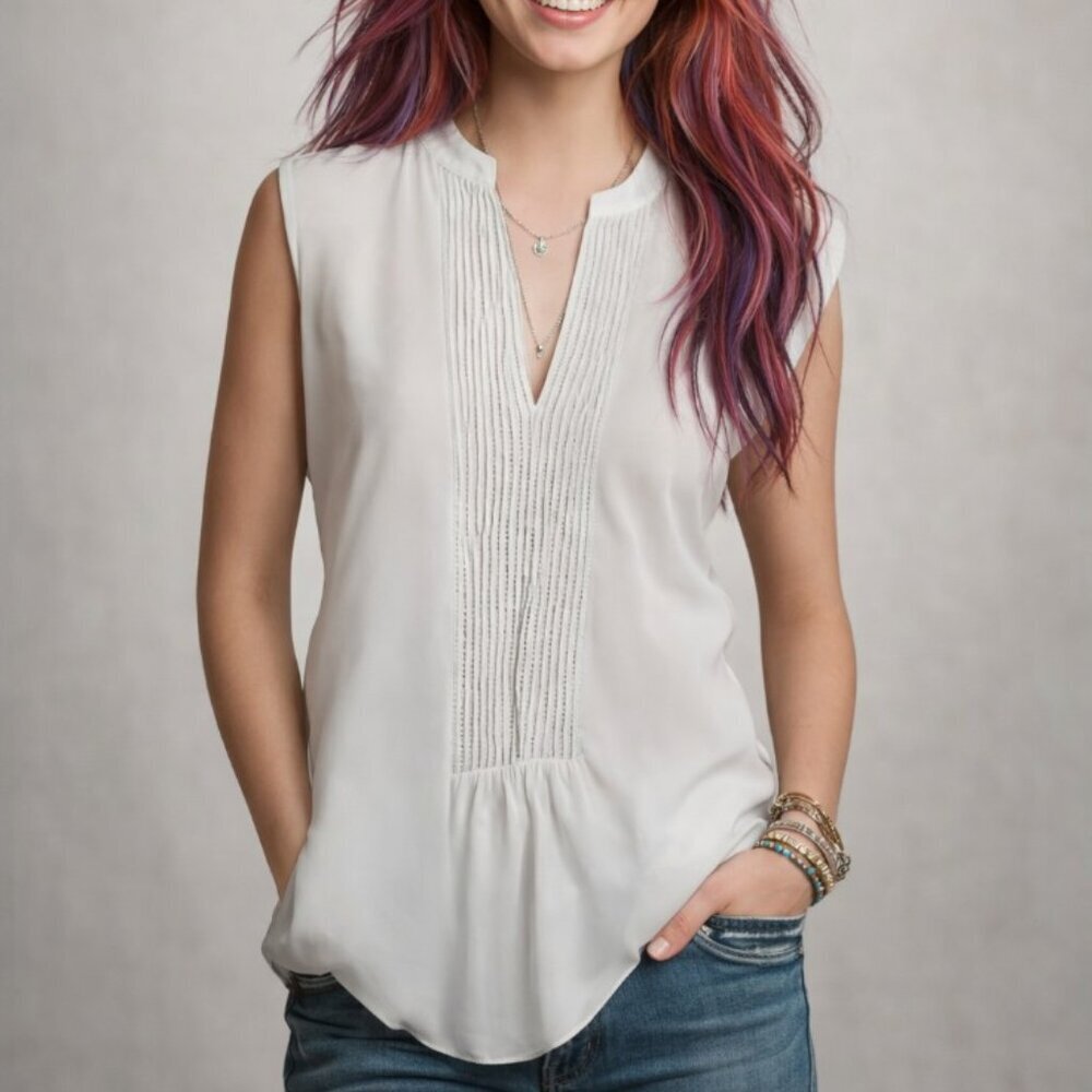 Cache Short Sleeve White Cotton Pin Tuck Gathered Bodice Sleeveless Top